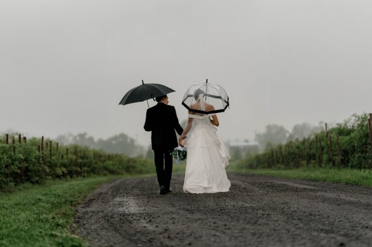 Mariage sous la pluie : les mariés marchent main dans la main sous des parapluies sur un chemin de vignoble